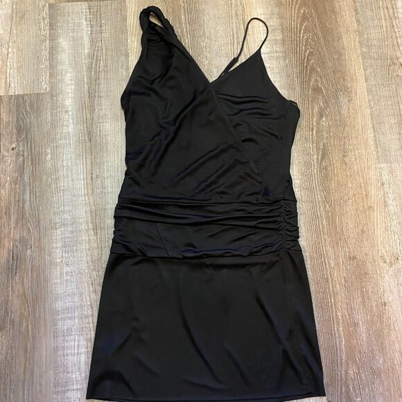 Black Halo Twist Strap Cross Bodice Fitted Mini Little Black Dress - Picture 7 of 10